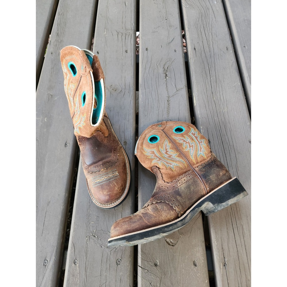 Ariat Fatbaby Western Boots Brown Turquoise Leather‎ Suede Saddle Vamp Brogue 9B
